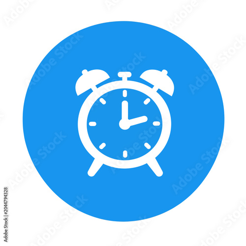 Sleek vector of a white alarm clock with two bells displayed against a vibrant blue circular background.