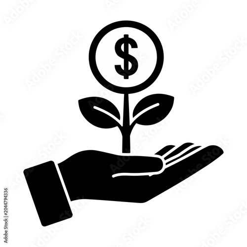 Vector of hand holding a small plant with a dollar sign growing as its flower symbolizing investment or financial growth