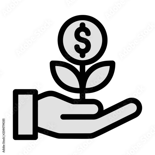 Vector of hand holding a small plant growing from a coin symbolizing financial growth and investment opportunities.