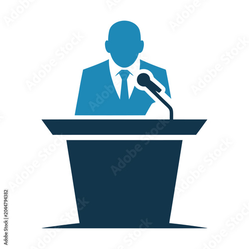 Professional vector of a faceless speaker delivering a speech at a podium with a microphone