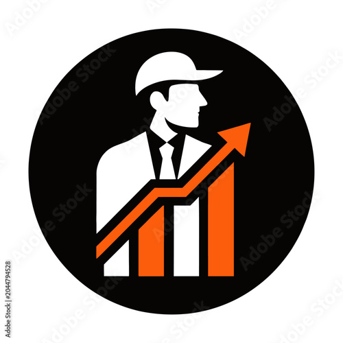 Vector of business professional wearing a hard hat standing beside an upward-trending bar graph symbolizing growth and success