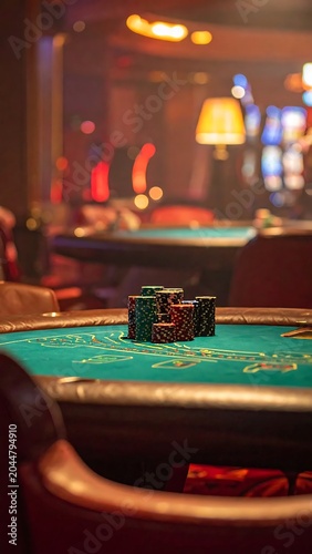 Colorful Poker Chips Stacked on Green Felt Casino Table in Dimly Lit Gaming Room