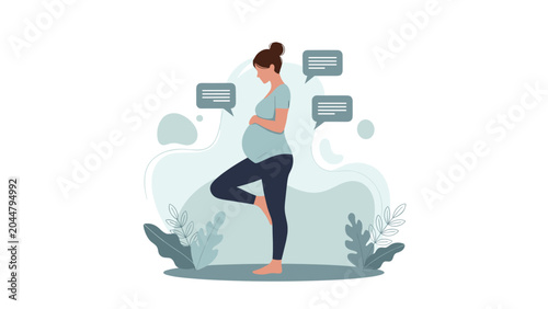 Pregnant woman practicing yoga in tree pose with message bubbles symbolizing communication and mental health during pregnancy.