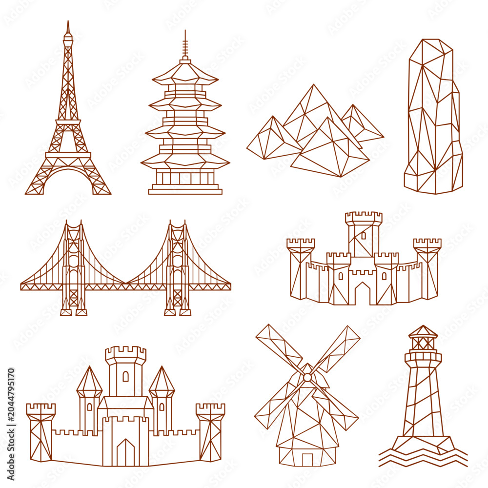 Obraz premium Architectural landmarks and historical monuments in geometric line art design featuring eiffel tower and pagoda.