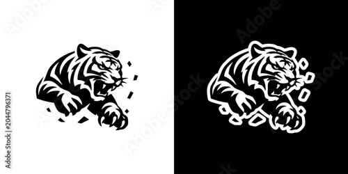 Tableau sur toile aggressive leaping tiger vector illustration, roaring tiger head mascot logo, bl