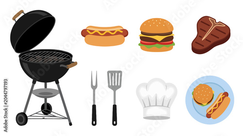 Set of barbecue grill equipment and delicious grilled food items.