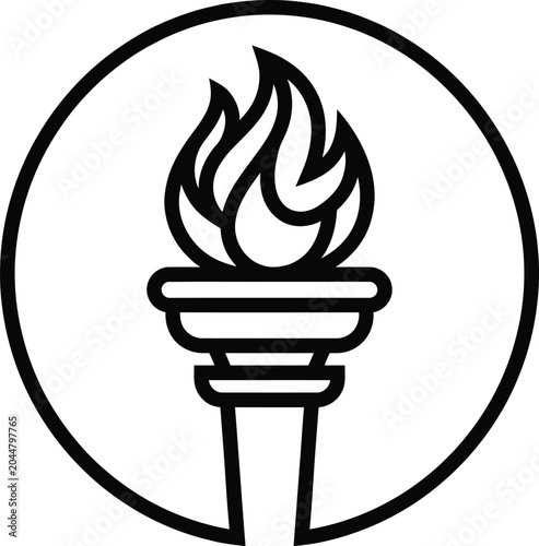 Symbolic torch with flame in circle for icon design in clean line style.