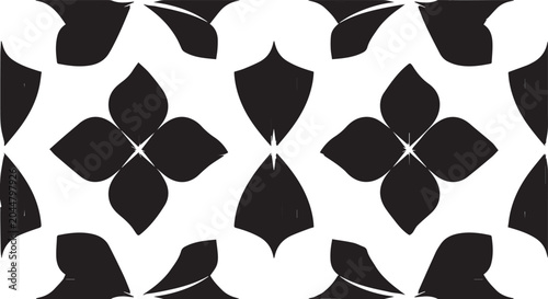 Fotografie Minimalist Geometric Floral Seamless Vector Pattern, Black and White Moorish Til