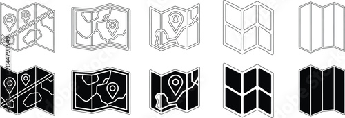 Folded map icons set linear and filled styles navigation and location graphics