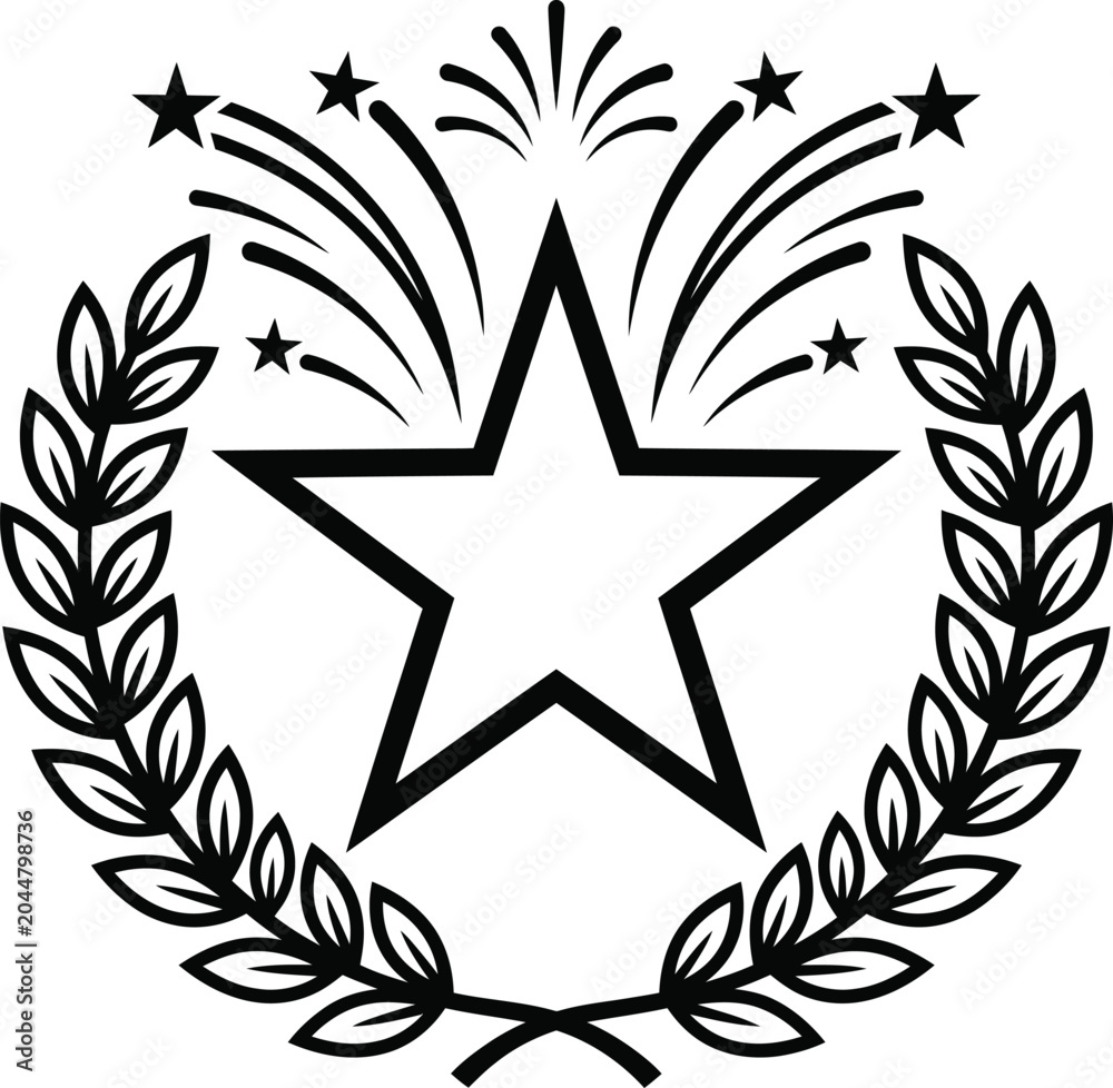 Obraz premium Star in laurel wreath with fireworks for achievement.