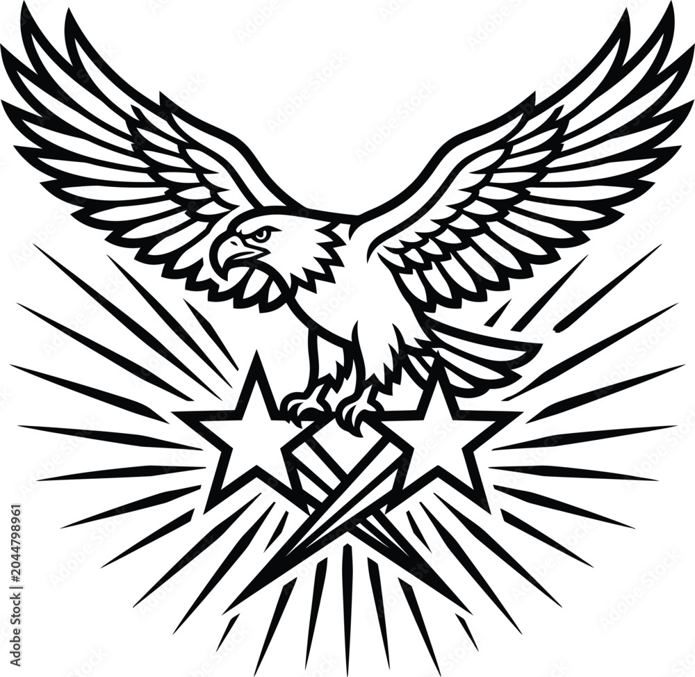 Obraz premium Eagle insignia with outstretched wings above stars and light rays art.