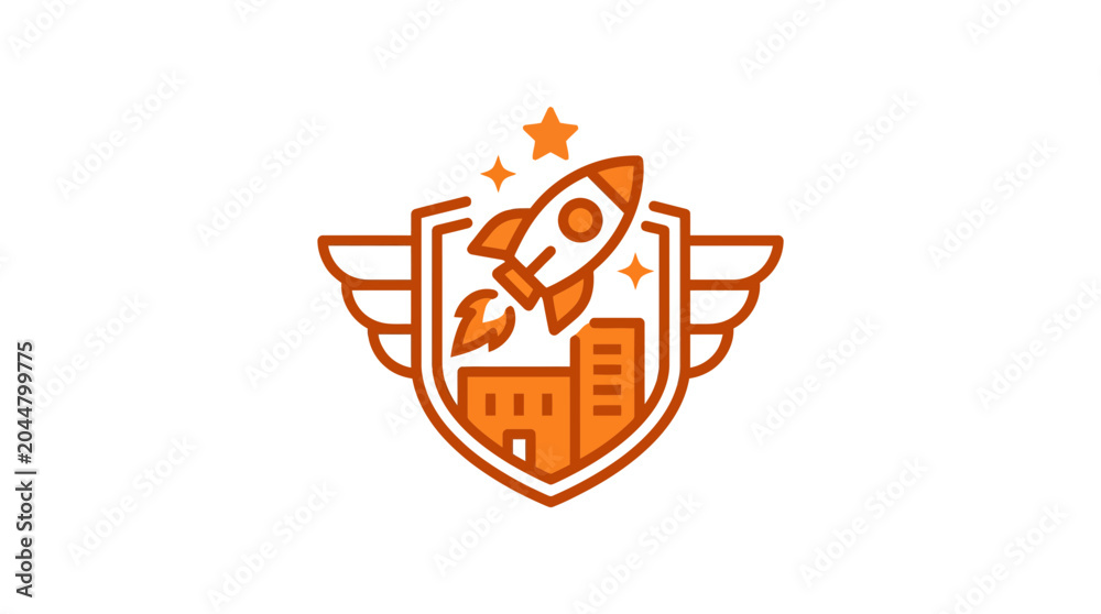 Fototapeta premium Rocket Launching Over City Skyline with Shield and Wings Emblem
