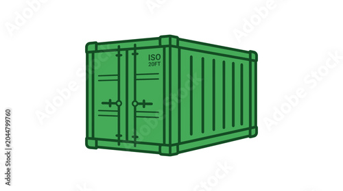 Green shipping container on white background, logistics and transport icon