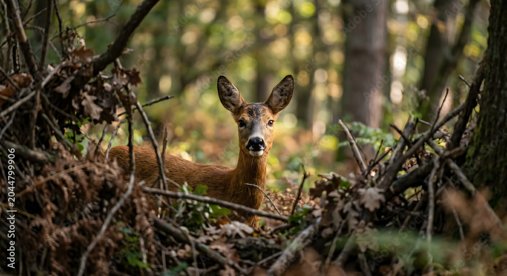 Fototapeta premium A roe deer standing in a natural forest environment, looking directly at the camera