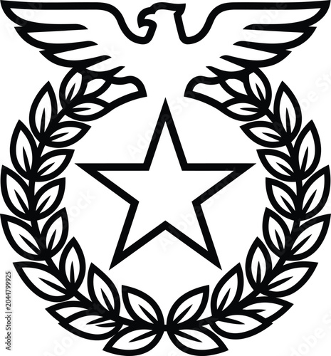 Photos Eagle hovering over large star framed by circular laurel wreath emblem