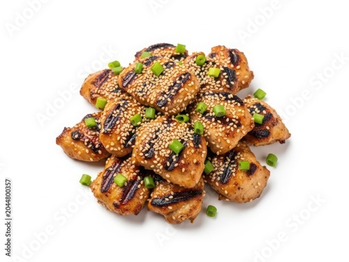 Grilled chicken pieces with green peas and sesame seeds on a white background
