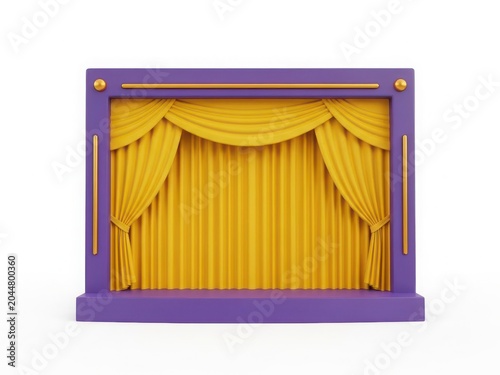 Vibrant yellow curtain display with purple frame and decorative elements