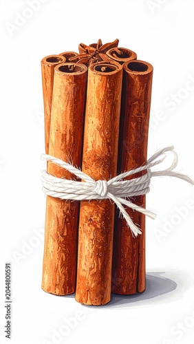 Bundled cinnamon sticks tied with white twine against a white background
