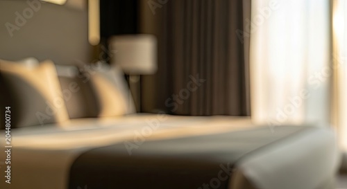Blurred view of a modern hotel bedroom with warm sunlight streaming through the window.