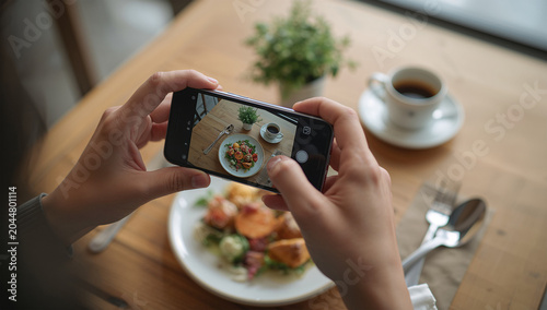日本人の手がカフェの料理をスマートフォンで撮影する写真