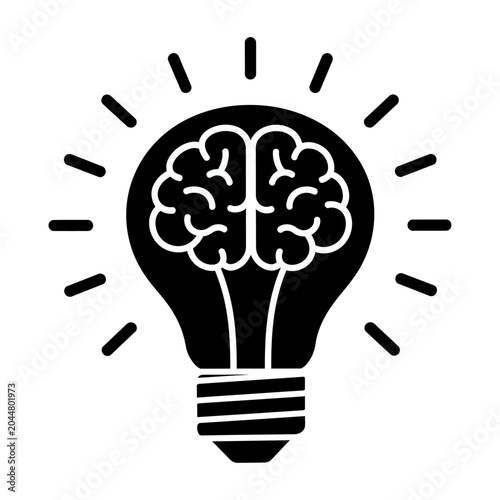 Sleek vector of glowing light bulb containing a brain symbolizing creativity and innovation.