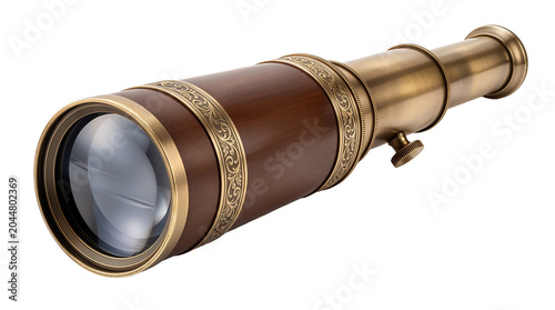 Vintage brass handheld spyglass telescope with brown leather wrapped barrel casing, ornate filigree metal trim bands, and clear glass objective lens isolated on transparent background