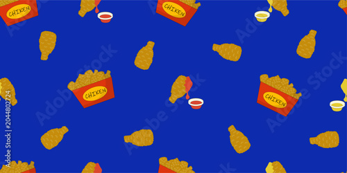 Fast Food Seamless Pattern with Popcorn and Fried Chicken on Blue Background