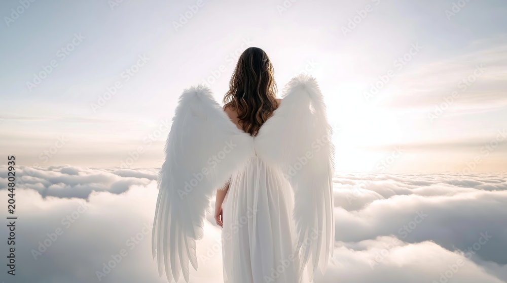 Obraz premium Woman standing above soft clouds, looking towards a radiant sky. Depicting themes of spirituality, heaven, freedom, and hope