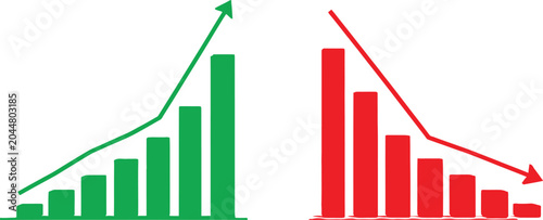 Green rising bar chart and red falling bar chart showing business growth and decline