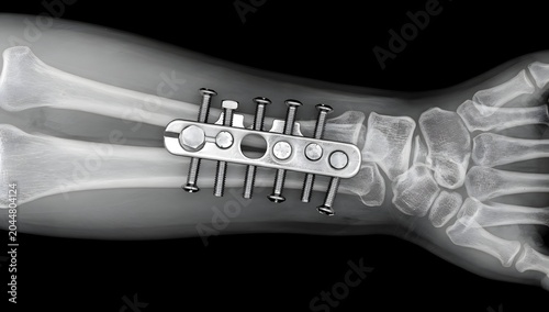 Ultra-realistic x-ray showing arm’s bone fracture shaft corrected with plate and screws, clean medical composition, detailed metal hardware, hospital lightbox presentation