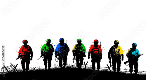 Schilderij op canvas Soldier Silhouettes with Colorful Paint Splatters on White Background