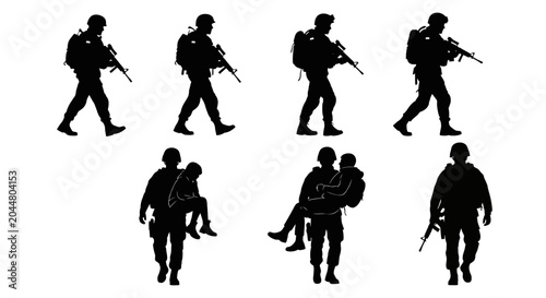 Foto Soldier Silhouette Set with Military Patrol and Child Rescue