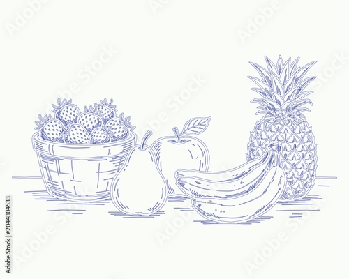 Blue line drawing of fruit including strawberries in a basket and pineapple