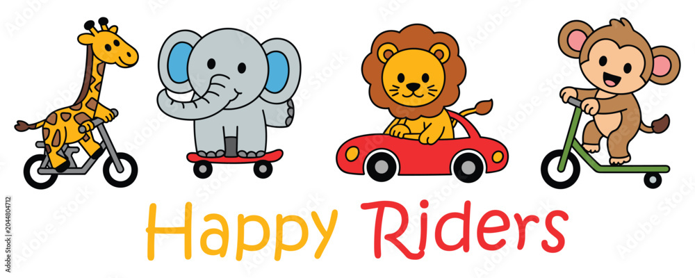 Naklejka premium Happy Animal Characters Riding Different Vehicles Joyfully