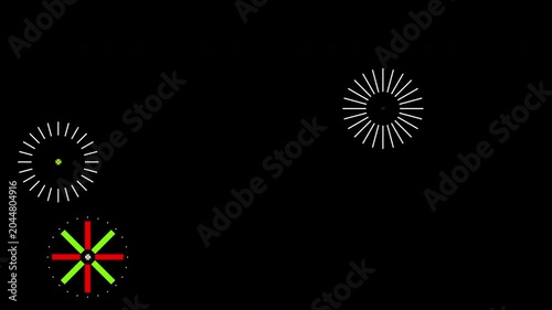 Minimalist HUD elements and geometric shapes animation with alpha channel transparent background featuring digital crosshairs and radiating circles for technical video overlays