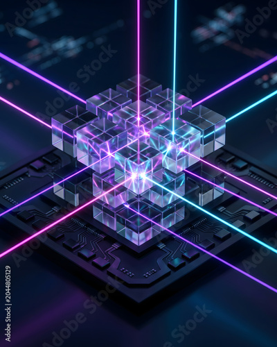 Advanced Quantum Photonic Processor Chip with Glowing Laser Light Beams Concept.