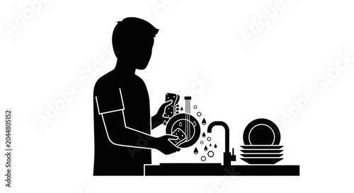 Canvas Print Man washing dish in kitchen sink.