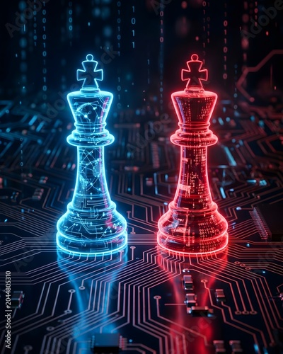 Cyber Warfare and Geopolitics Concept with Neon Chess Kings on Circuit Board.