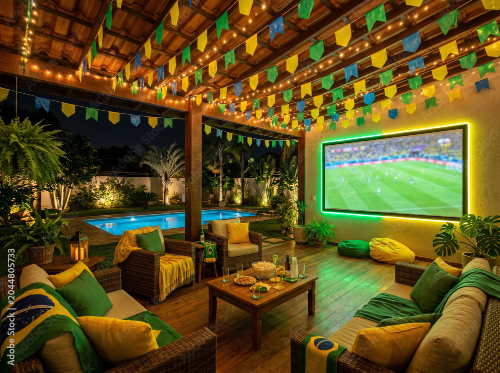 Naklejka premium Outdoor patio setup for watching soccer game at night