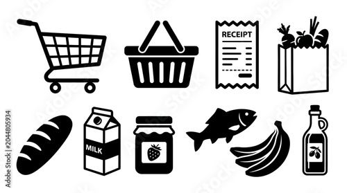 Foto Grocery shopping cart and food items.