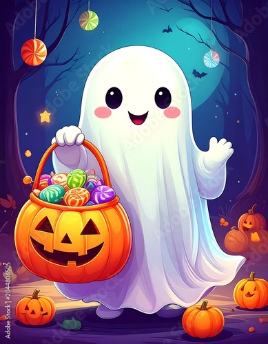 Cute Cartoon Ghost Holding Candy Bucket in Moonlit Halloween Forest