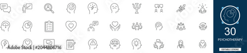 Foto Psychotherapy line icon set with 30 icons mental health, counseling, mindfulness, therapy session, brain, emotional balance, support