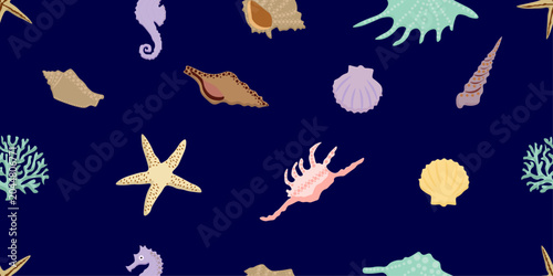Seashells and starfish, clams, marine life background. Cartoon sea shell, clam, scallop, conch, mollusk, ocean vector seamless pattern