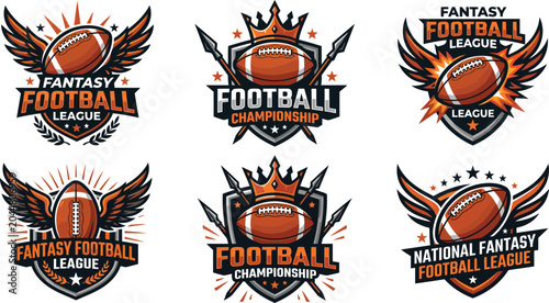 Fantasy Football League Emblem Vector Set - American Football Championship Shield Logos with Wings, Crowns, and Spears Isolated on White Background
