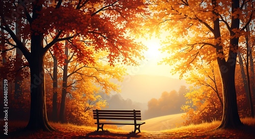 Autumn fall forest pathway scenic park bench with golden sunlight and vibrant foliage landscape