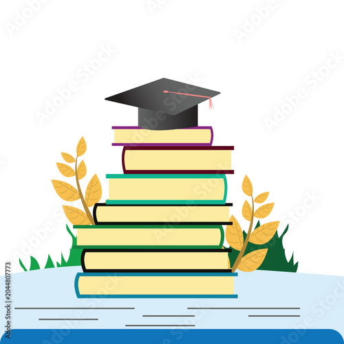 A stack of colorful books topped with a graduation cap, vector illustration design background