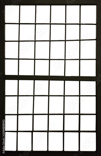 Metal door or window grille with square grid pattern is isolated.