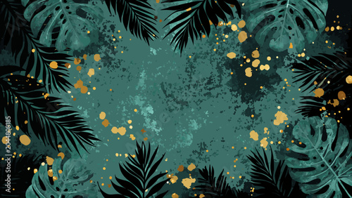 tropical foliage frame with gold accents leaves