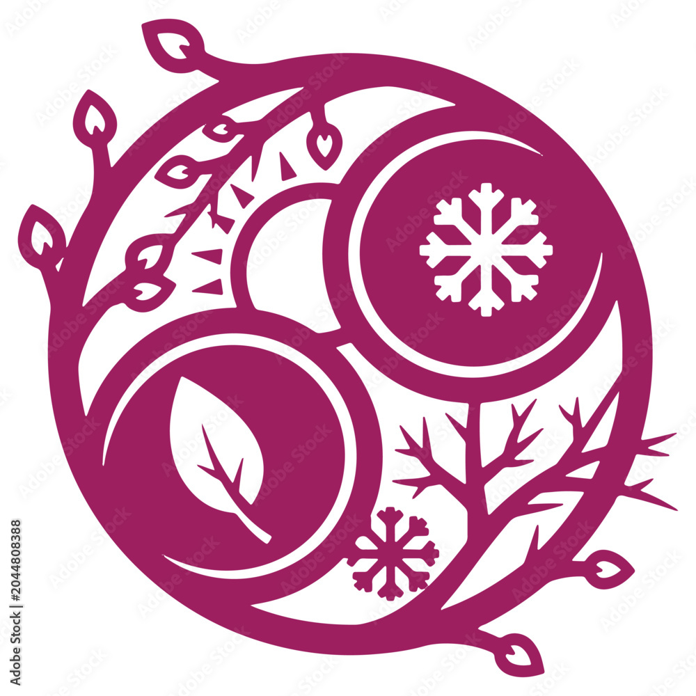 Fototapeta premium Purple seasonal cycle design featuring leaves and snowflakes natureinspired artwork