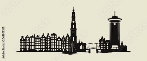 Netherlands Amsterdam Skyline Silhouette. Vector